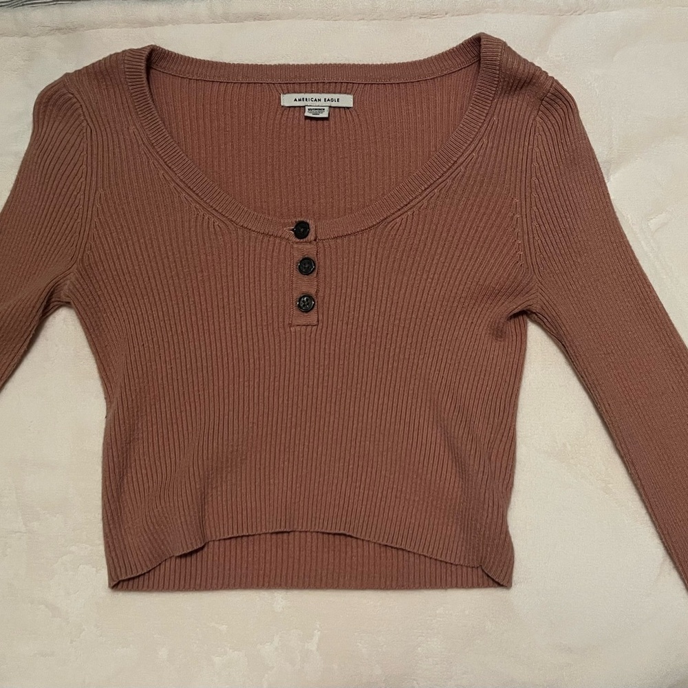 American Eagle Outfitters Ribbed Button-Front Top - Tan
